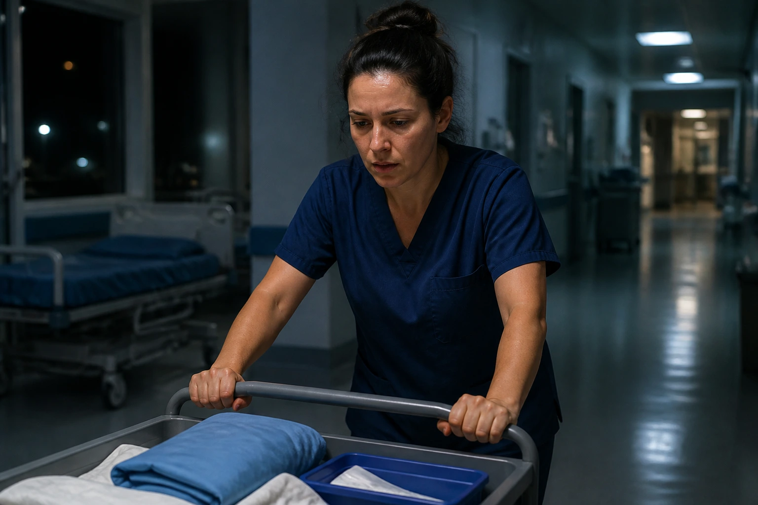 Night shift nurse pushing a cart in a quiet, dim hospital corridor