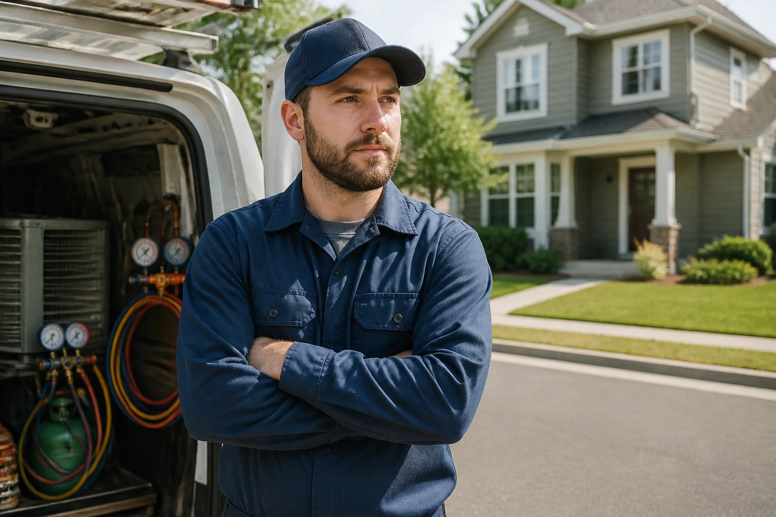 HVAC technician beside a service van addressing pay and cost of living considerations