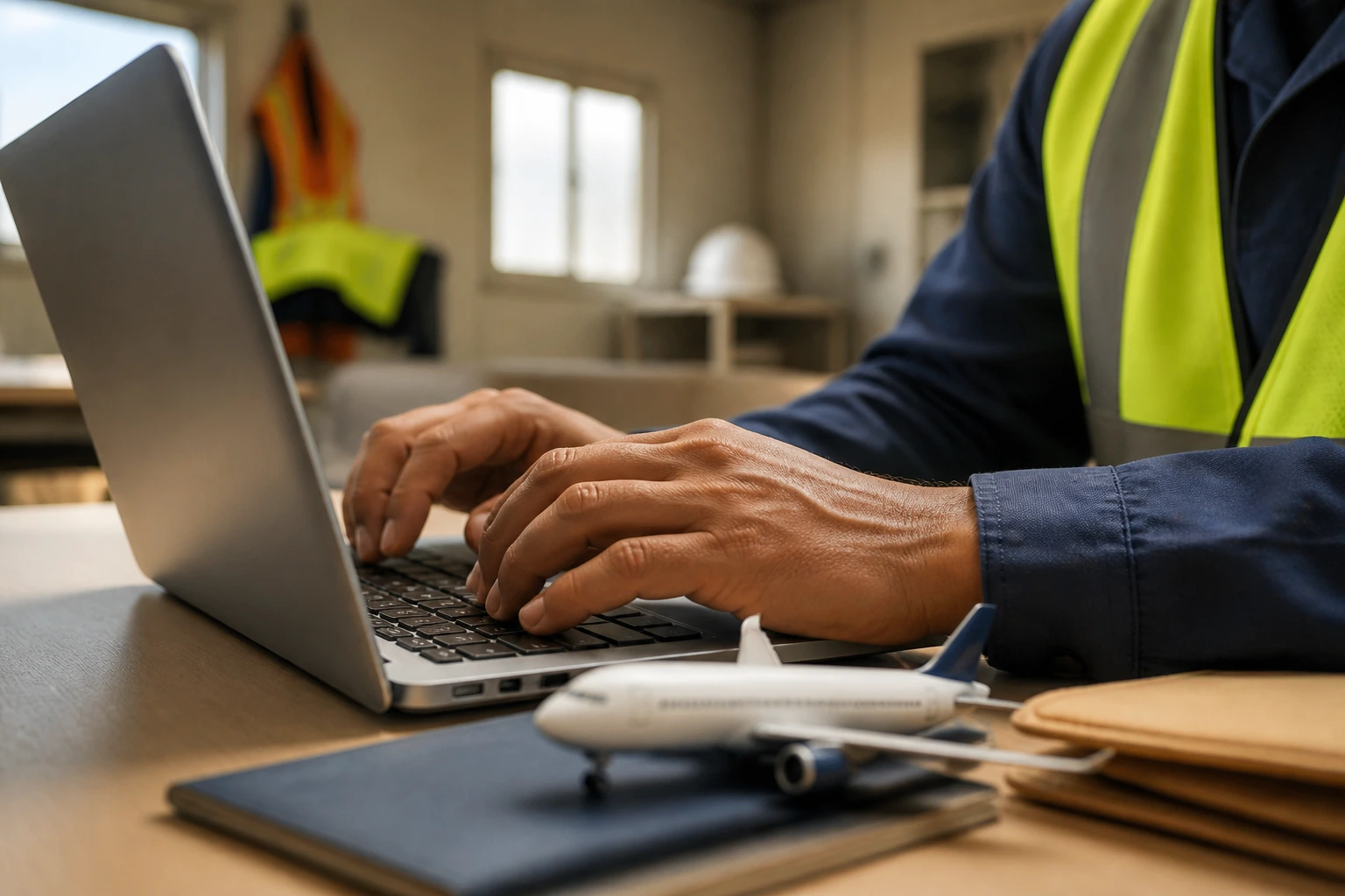 Worker's hands on laptop in an office setting representing pay and benefits questions