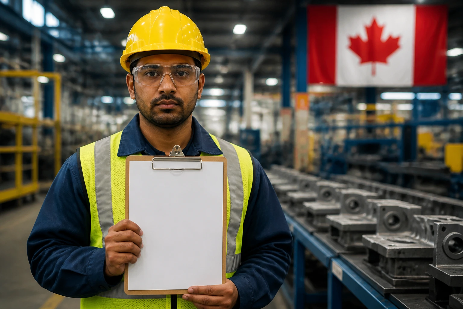 Factory worker in PPE reviewing pay and deductions with a blank clipboard.