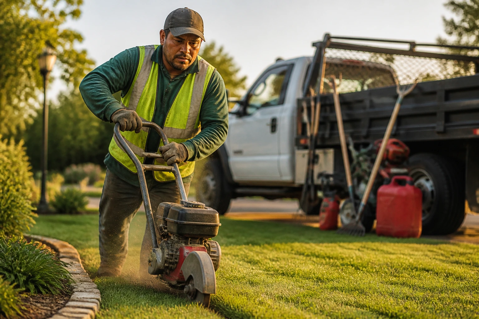 Seasoned landscaper at work with equipment on a lawn