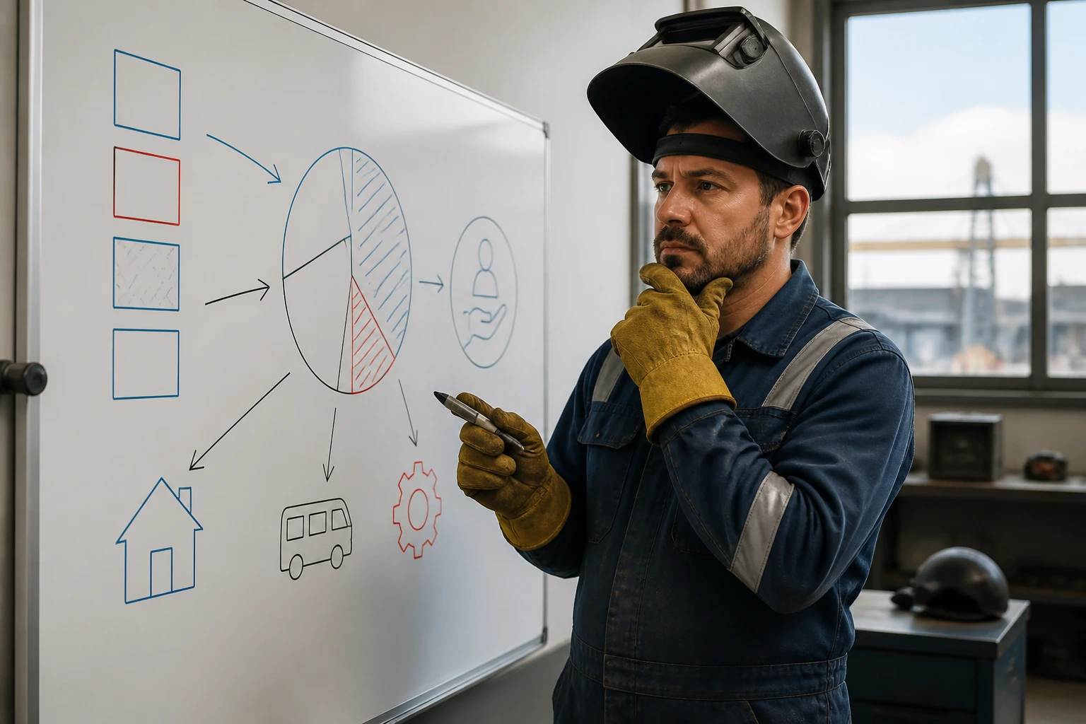 Worker considers pay and overtime with a whiteboard diagram