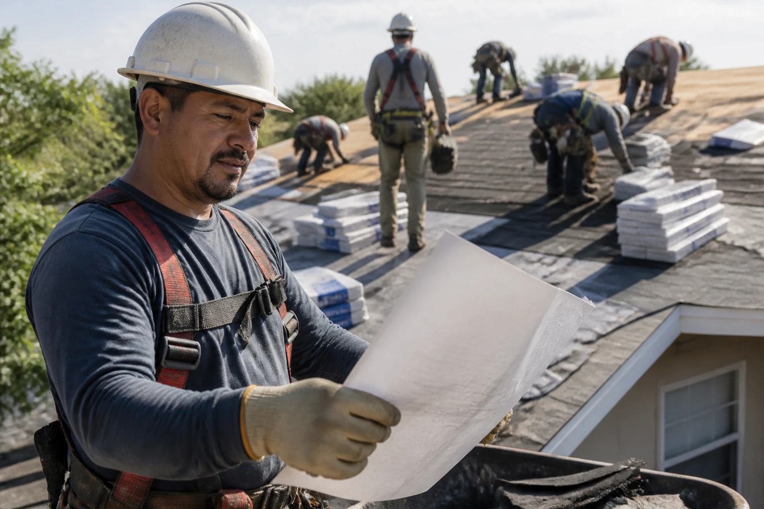 Roofer examining plans on a sunlit job site with safety gear