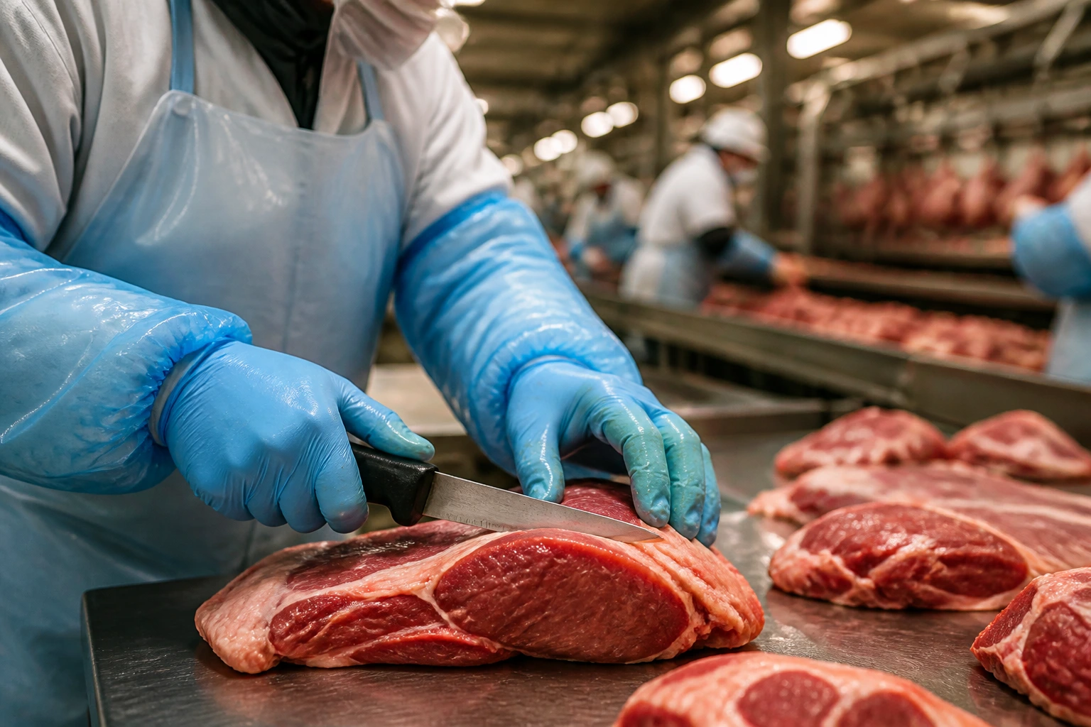 Close-up of a meat plant worker's hands at a stainless steel workstation