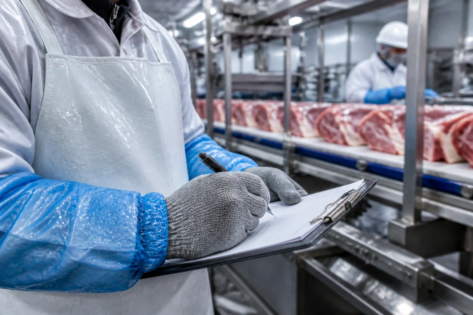 Hands on clipboard in a meat plant illustrating pay and shift patterns considerations