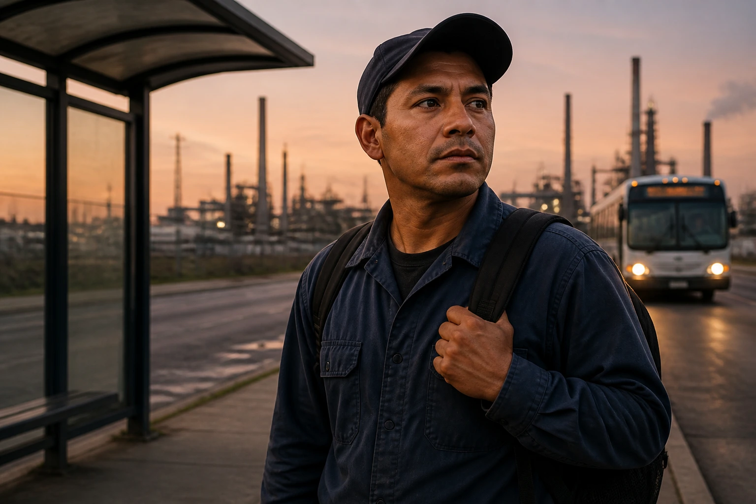 Worker at a transit stop near an industrial area considering commute and housing.
