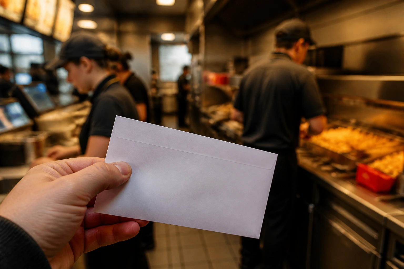 Close-up of a worker's hand holding a blank pay slip in a busy UK quick-service kitchen, no text