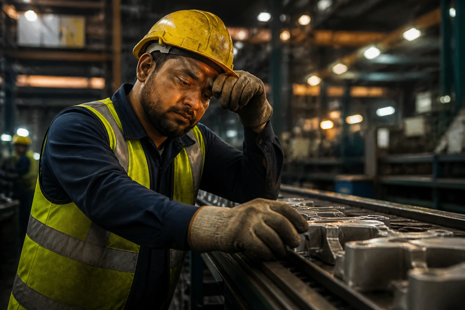 Factory worker in PPE on a production line looking tired but focused