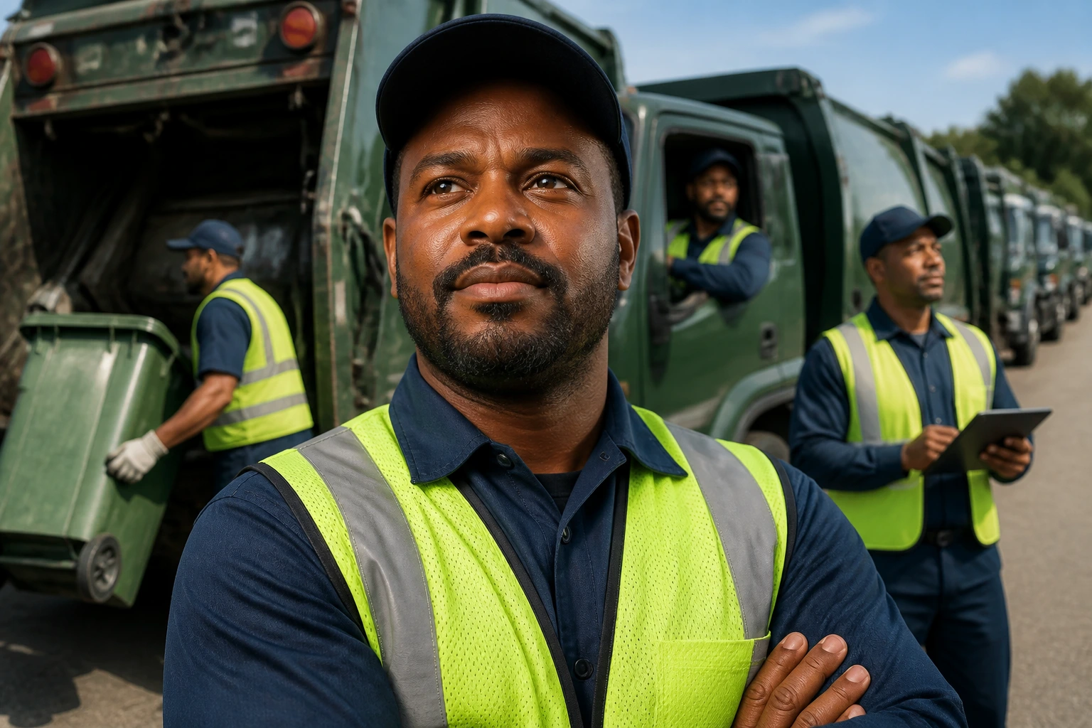 Medium-close portrait of a sanitation worker in uniform in a yard with trucks in background