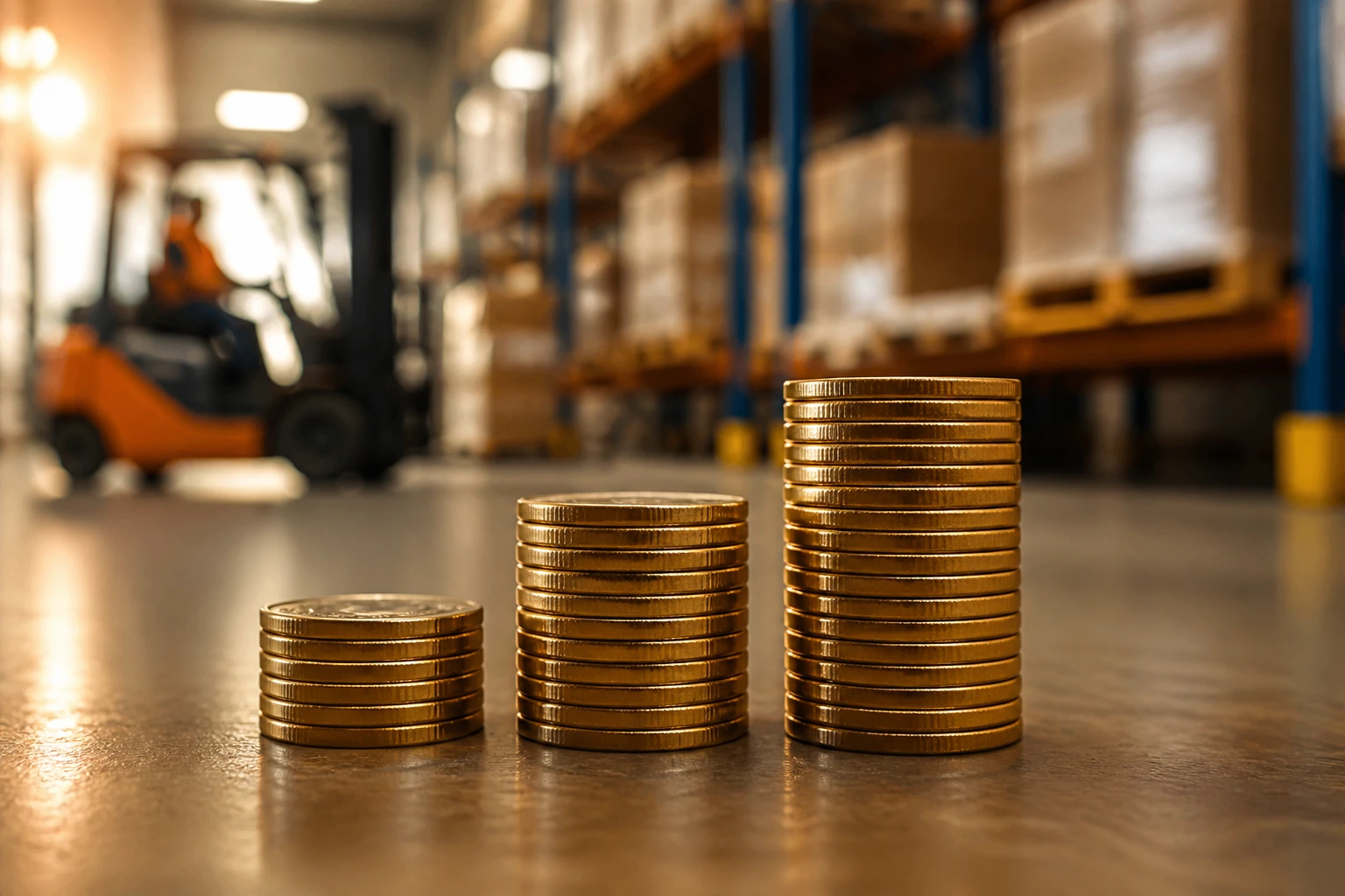 Close-up of coins arranged to suggest a pay range with a warehouse backdrop.