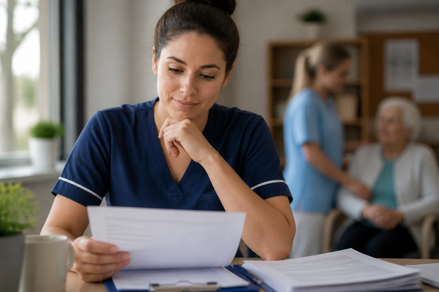 Care worker in staff area with soft lighting and blurred background