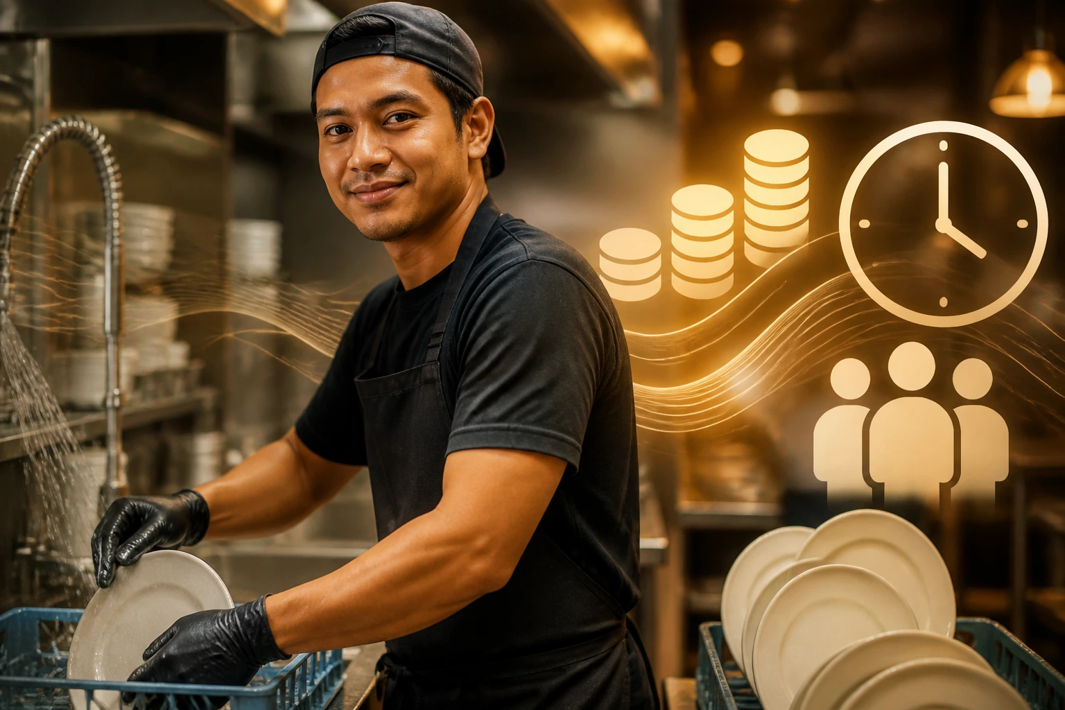 Kitchen worker with abstract money and clock icons indicating pay and shifts behind them