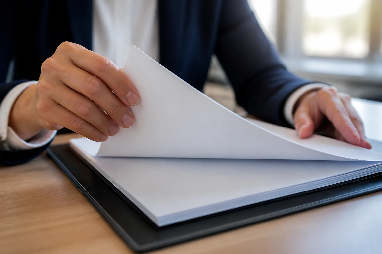 Hands with blank contract on desk, no text visible