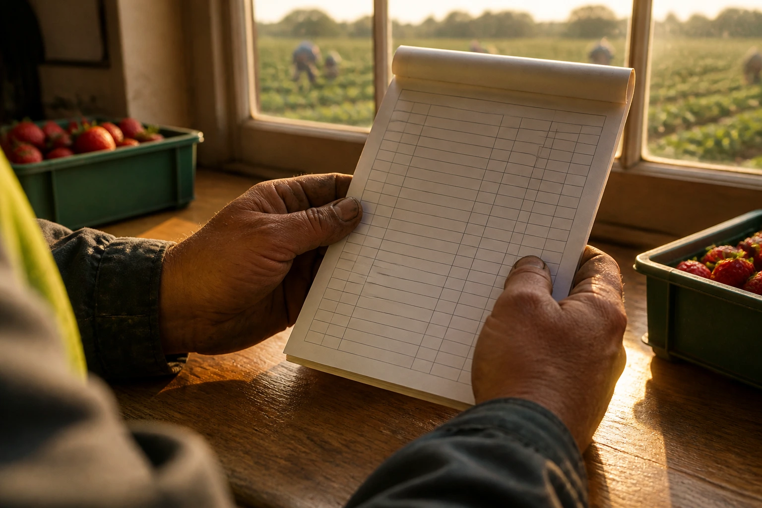 Close-up of a farm worker's hands on a blank ledger pad with warm light