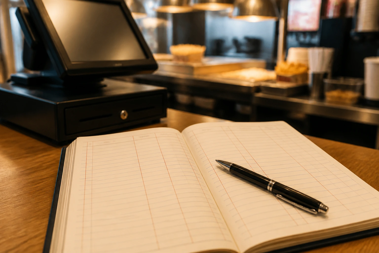 Blank ledger page and pen on a desk to symbolize pay rates and hours