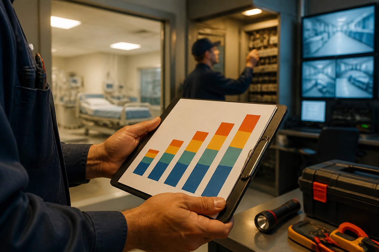 Hands holding an abstract pay chart in a maintenance setting