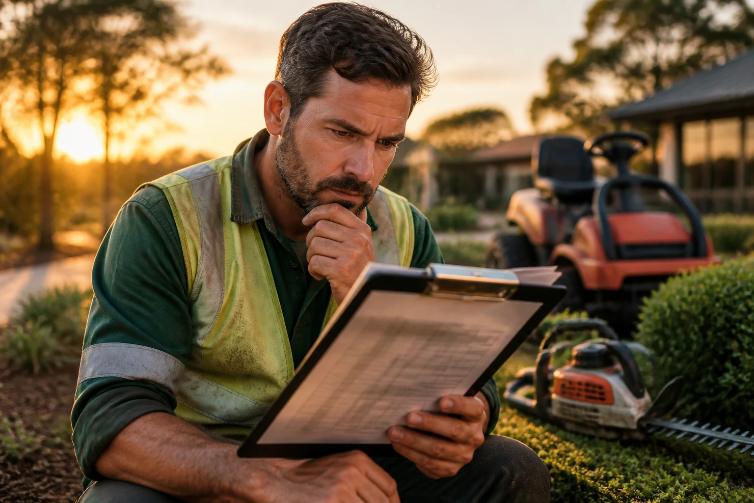 Gardener reviewing a schedule on a clipboard at an outdoor work site