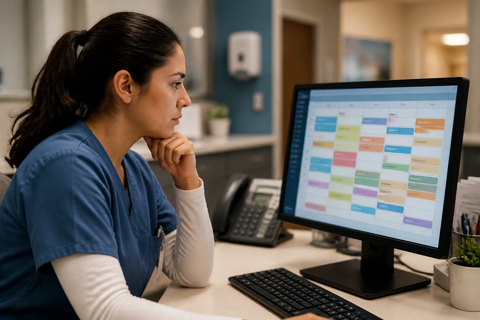 Medical assistant reviewing color-coded shift schedule on computer.