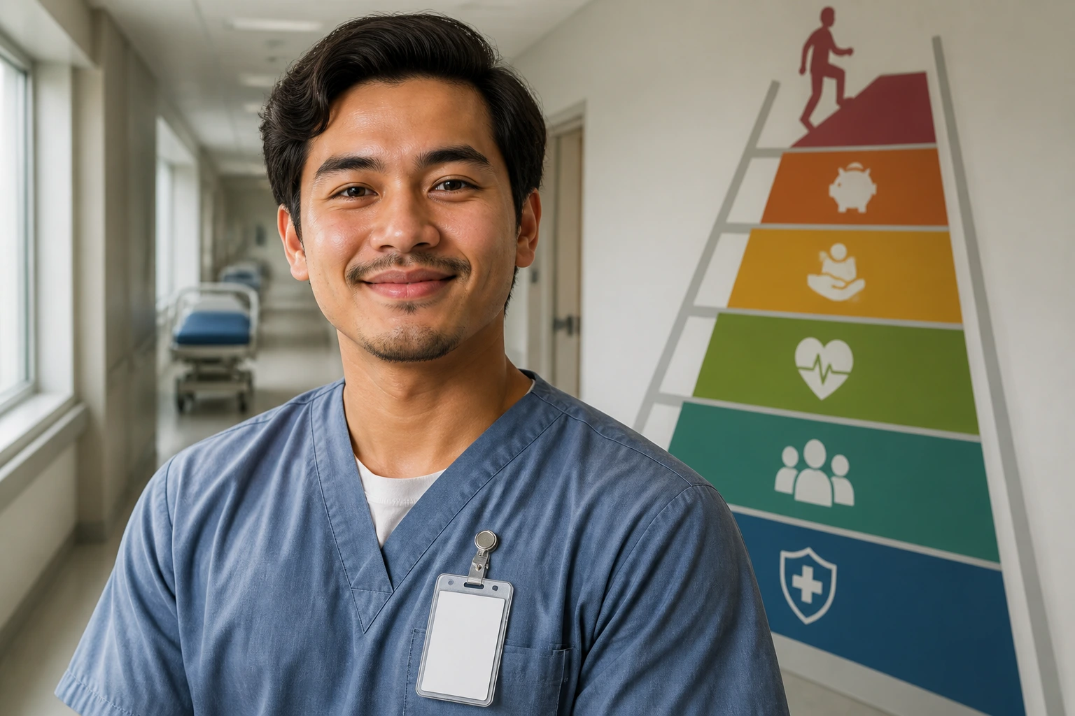 Close-up of hospital orderly with ladder-wall behind, symbolizing pay, benefits, and career progression