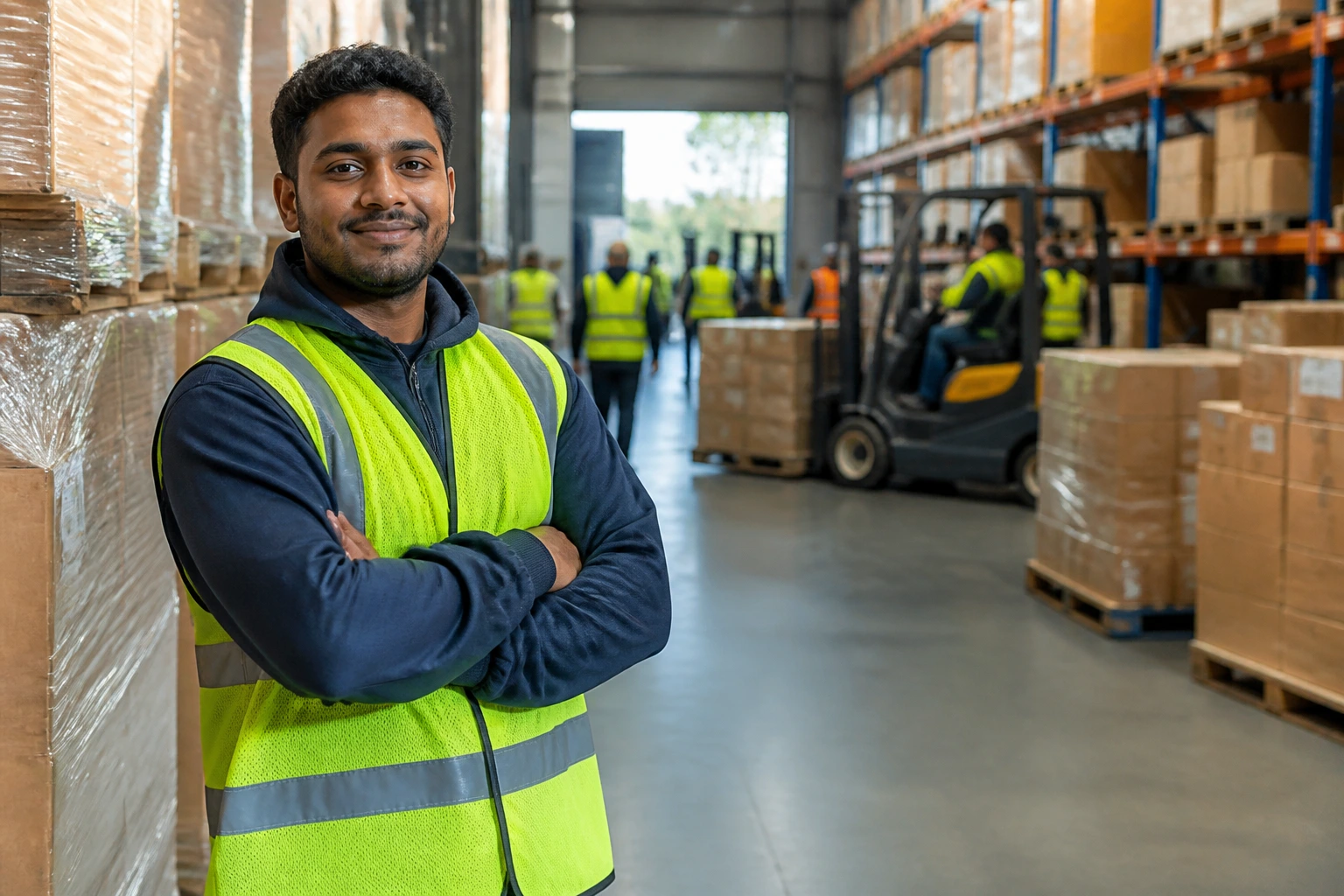 Warehouse worker in hi-vis gear beside pallets illustrating working conditions