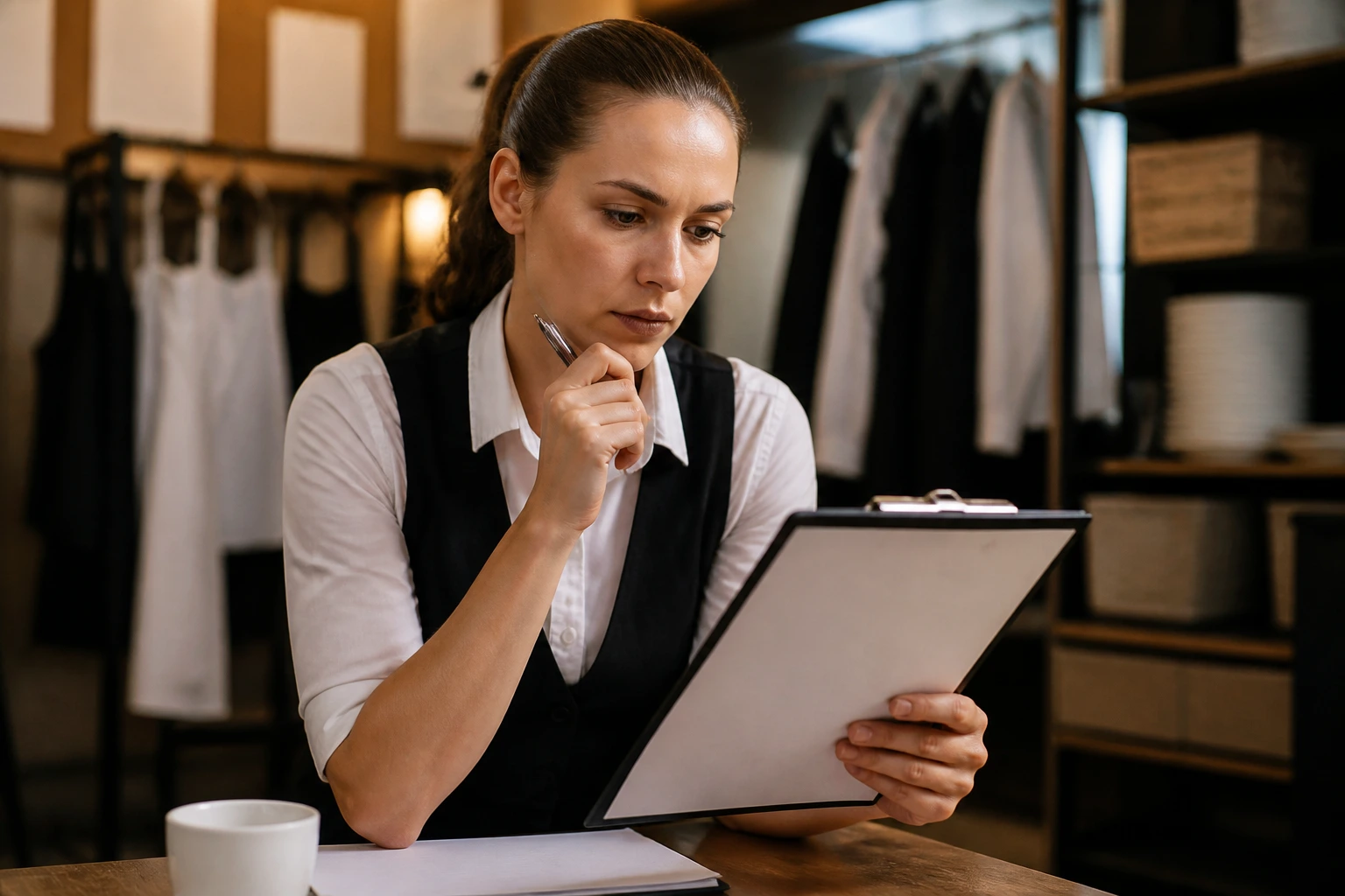 Hospitality worker reviewing a contract on a clipboard in a staff area.