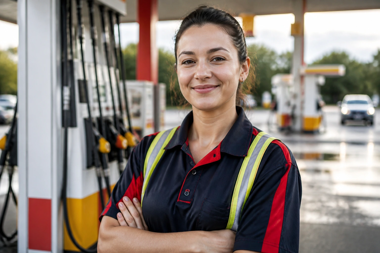 Portrait of a petrol station attendant on a forecourt.