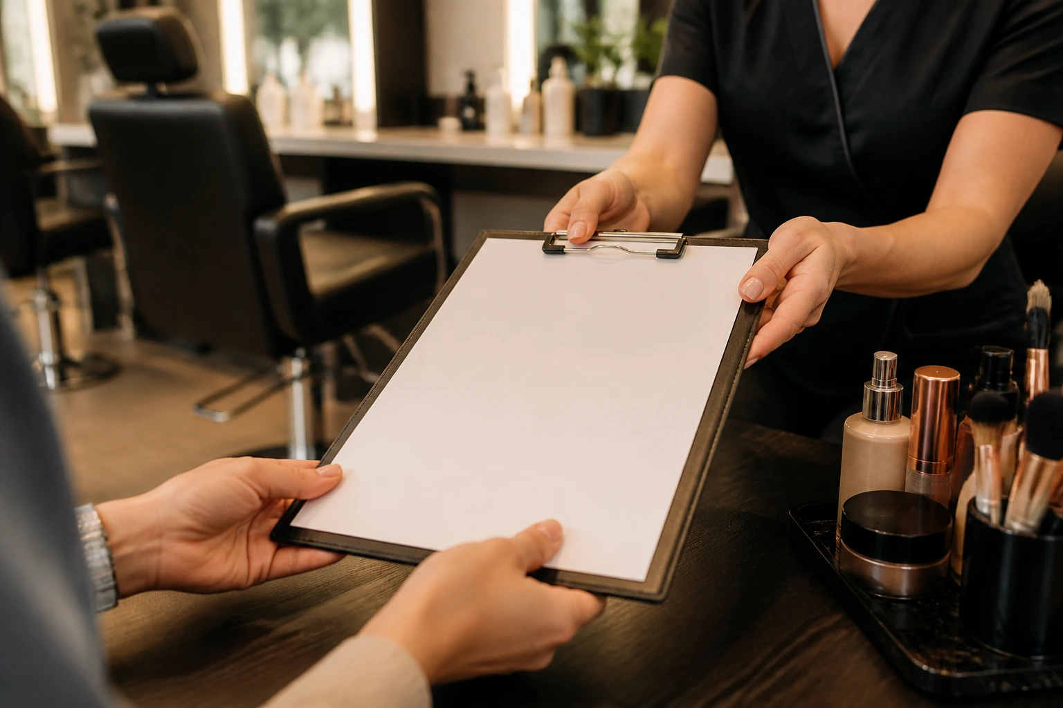 Hands presenting a blank contract on a salon desk in a beauty setting.