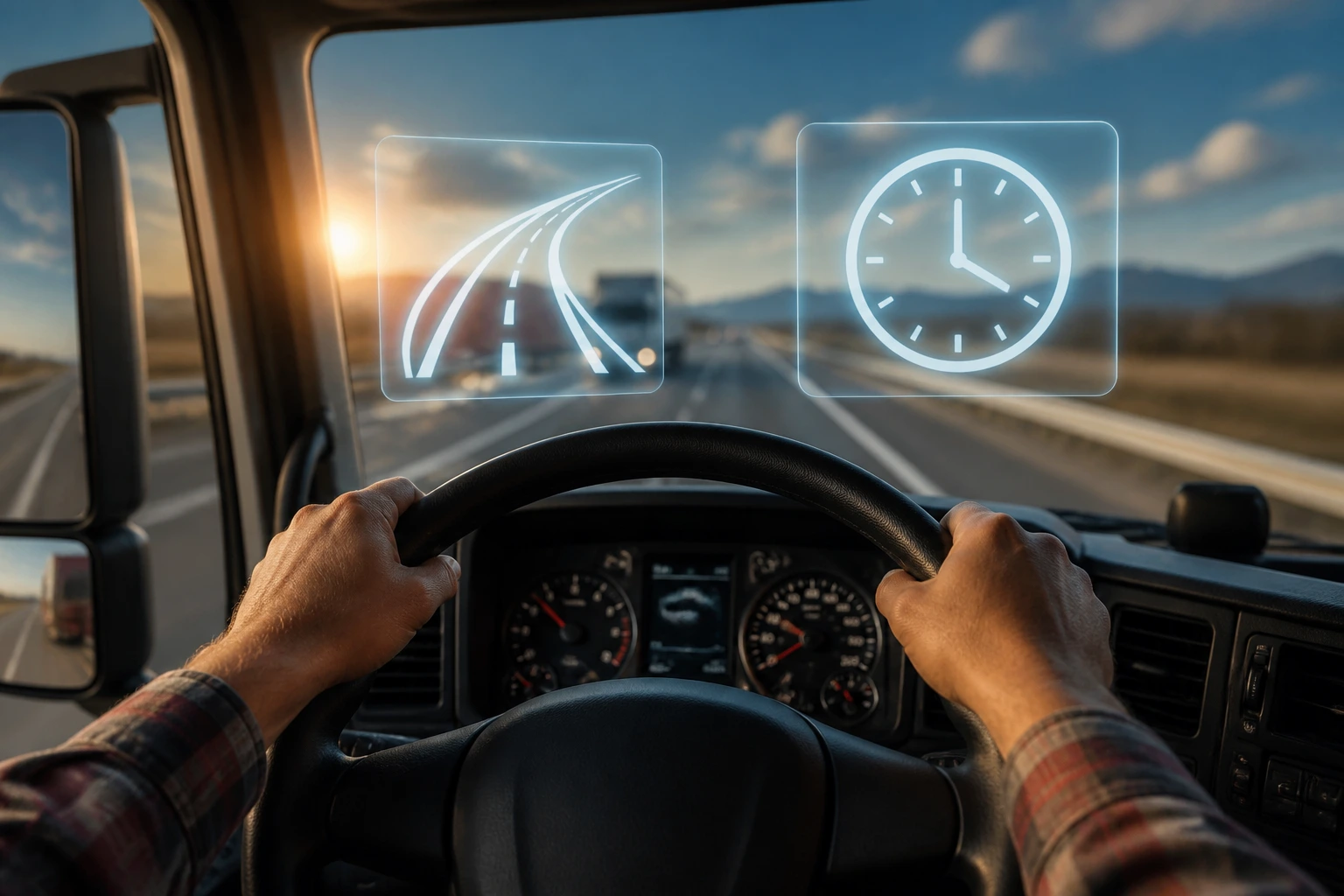 Close-up of a truck driver's hands on the steering wheel with road and time icons