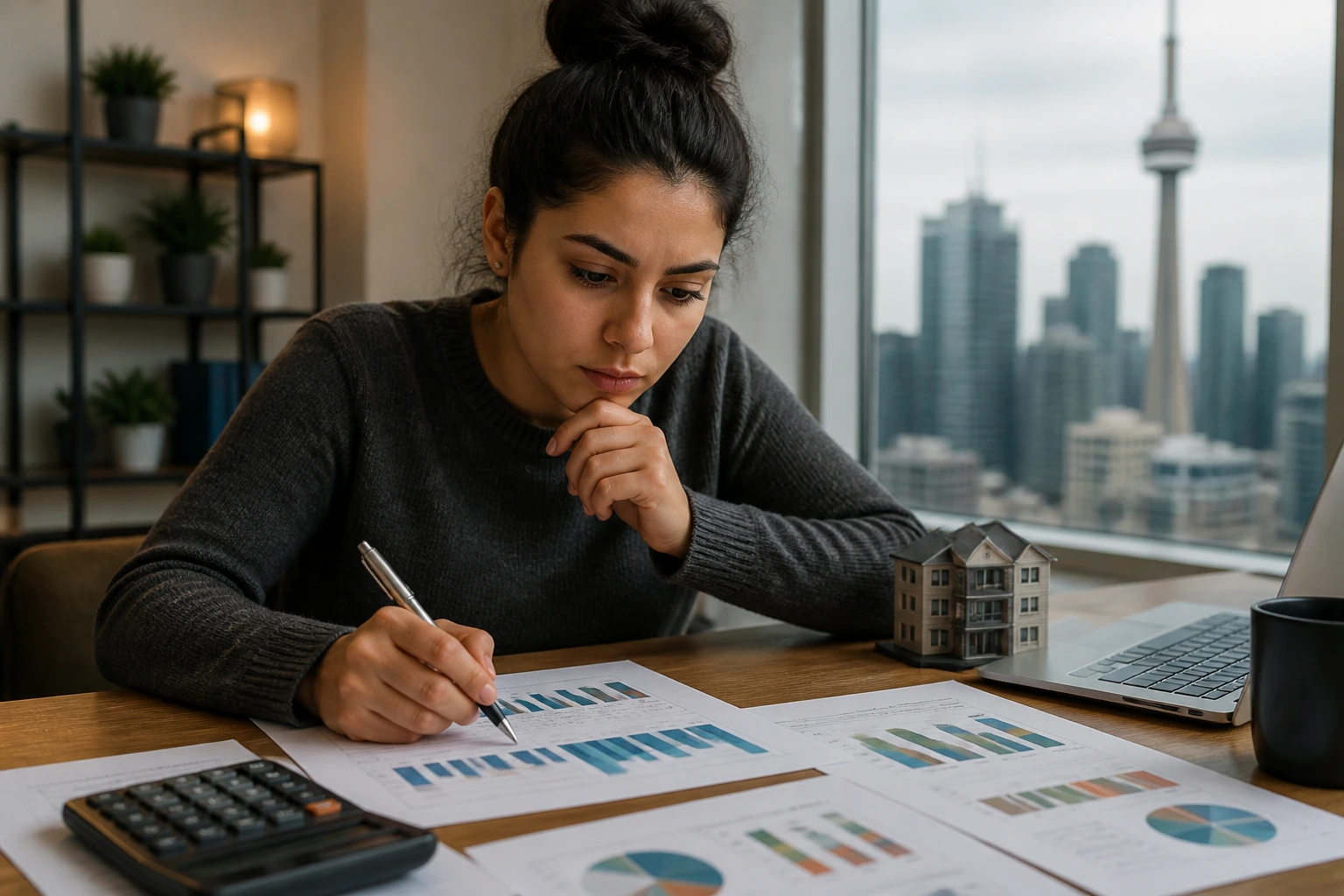 Person considering pay and schedules with city backdrop.