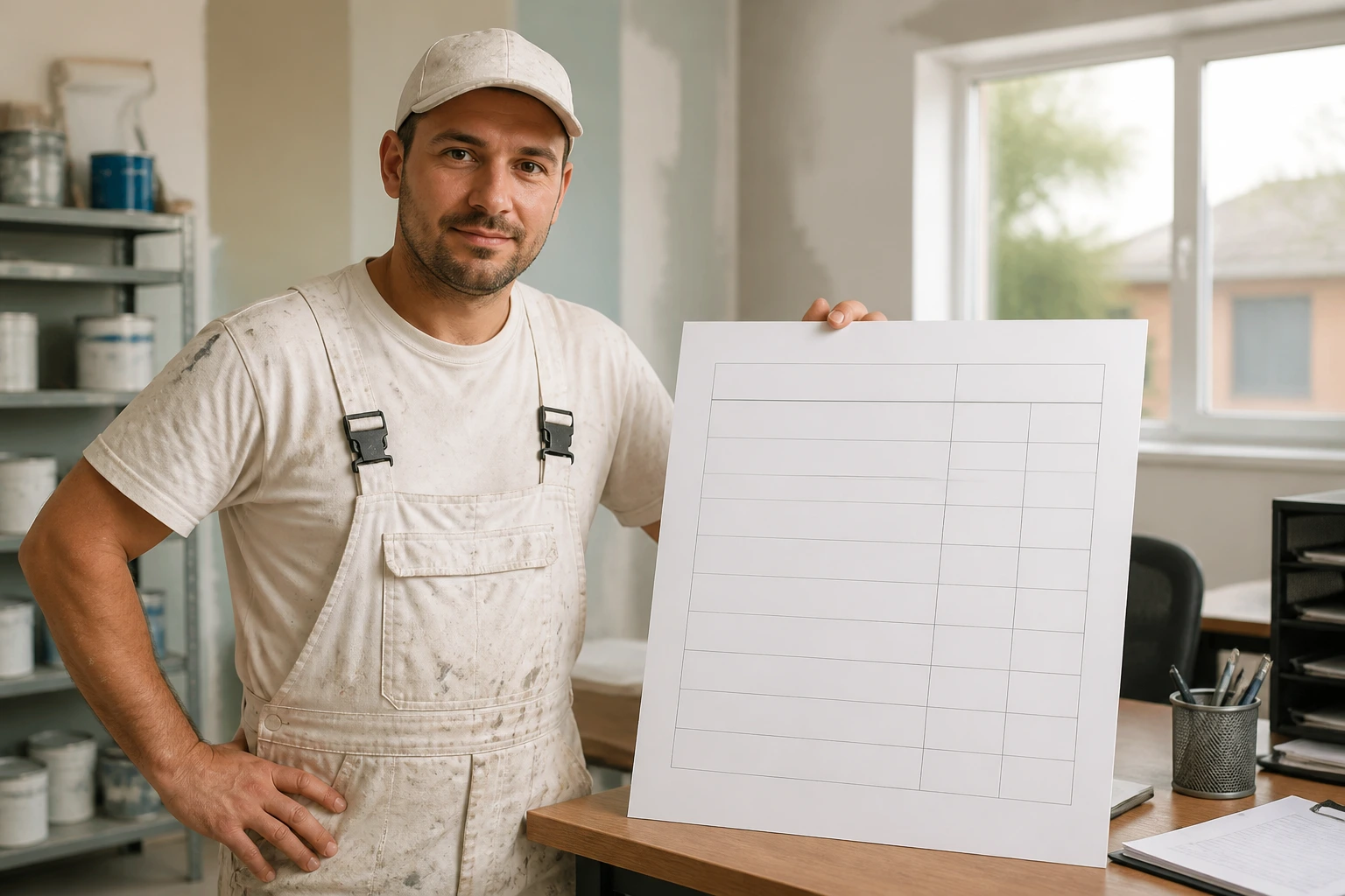 Painter beside a blank pay sheet to illustrate weekly pay