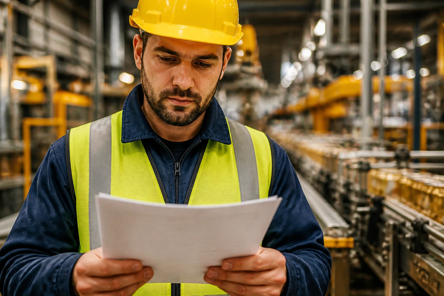Medium close-up of factory worker in hi-vis on a production floor, representing pay and conditions concept