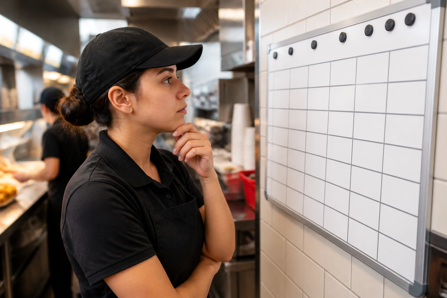 Close-up of a crew member looking at a blank schedule board in a kitchen.