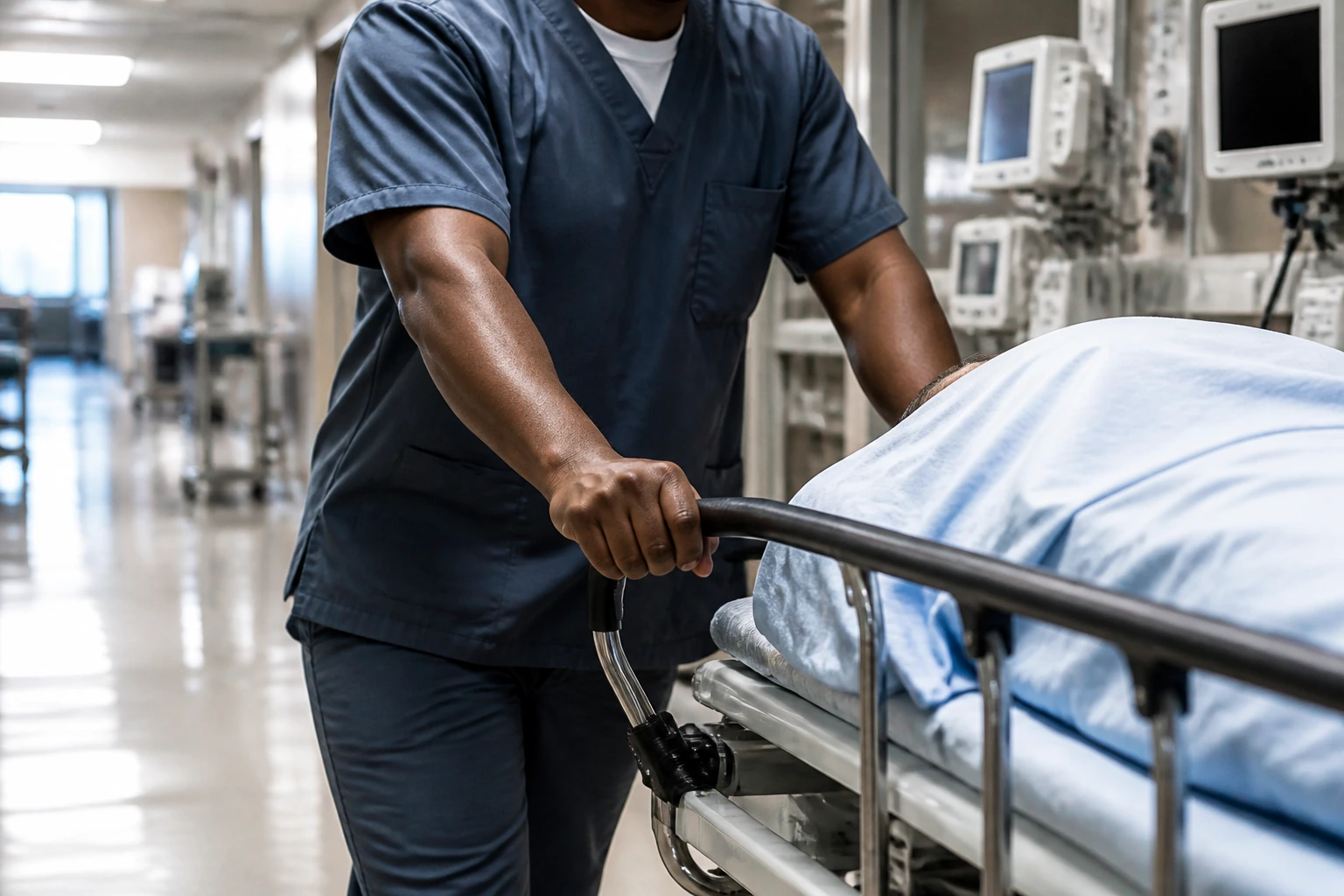 Hospital orderly pushing a gurney down a ward, highlighting physical work demands.