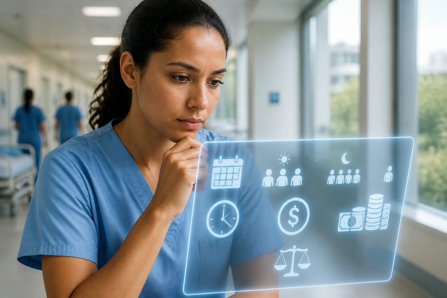 Portrait of healthcare worker in scrubs examining a glowing holographic display in a hospital corridor