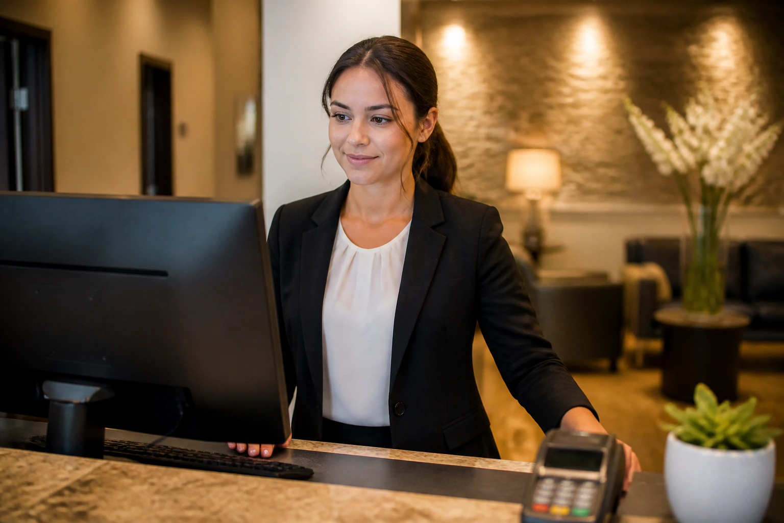 Receptionist at front desk in a warm lobby showing working conditions
