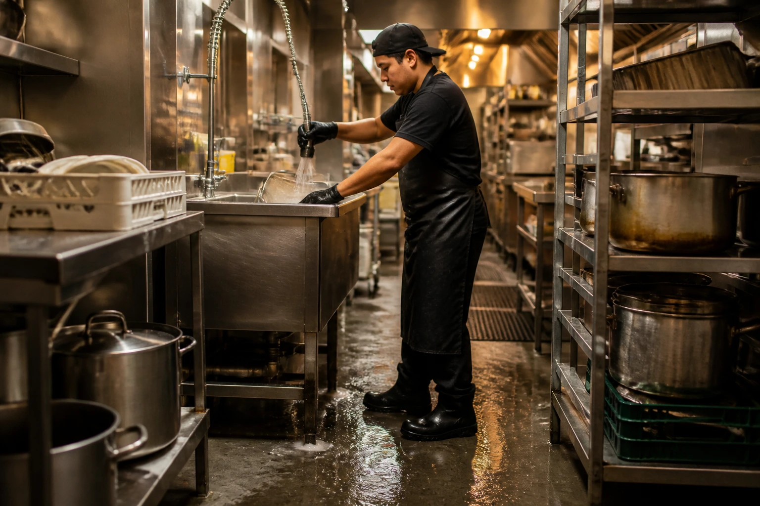 Dishwasher in a busy kitchen illustrating pay, shifts, and conditions