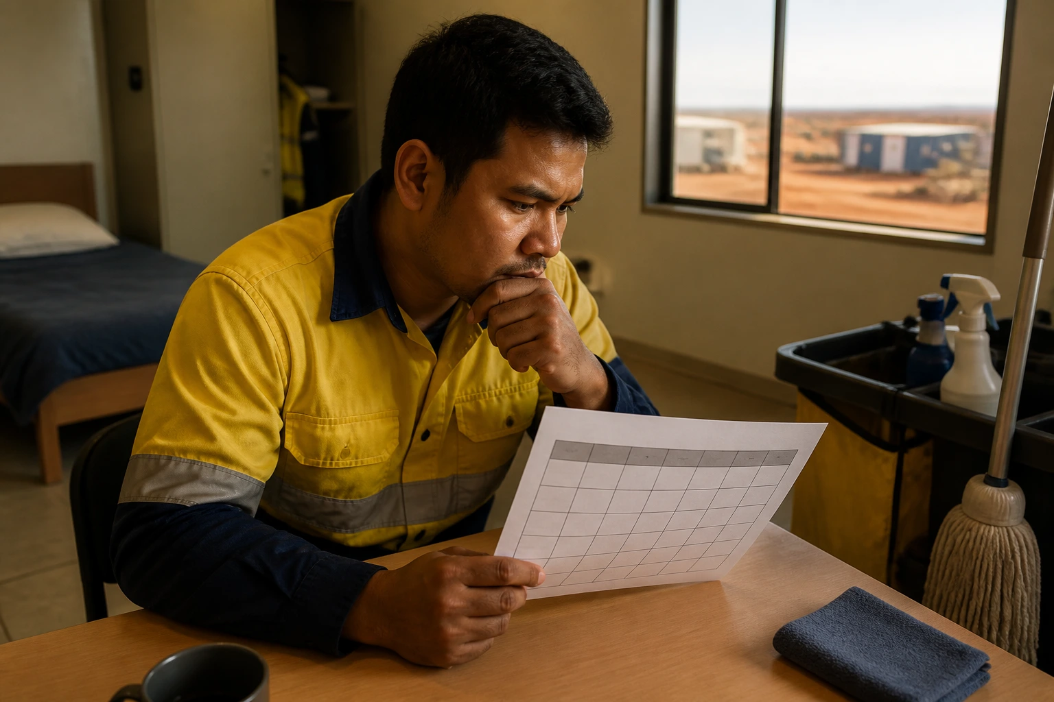 Worker reviewing a blank schedule at a remote cleaning assignment.