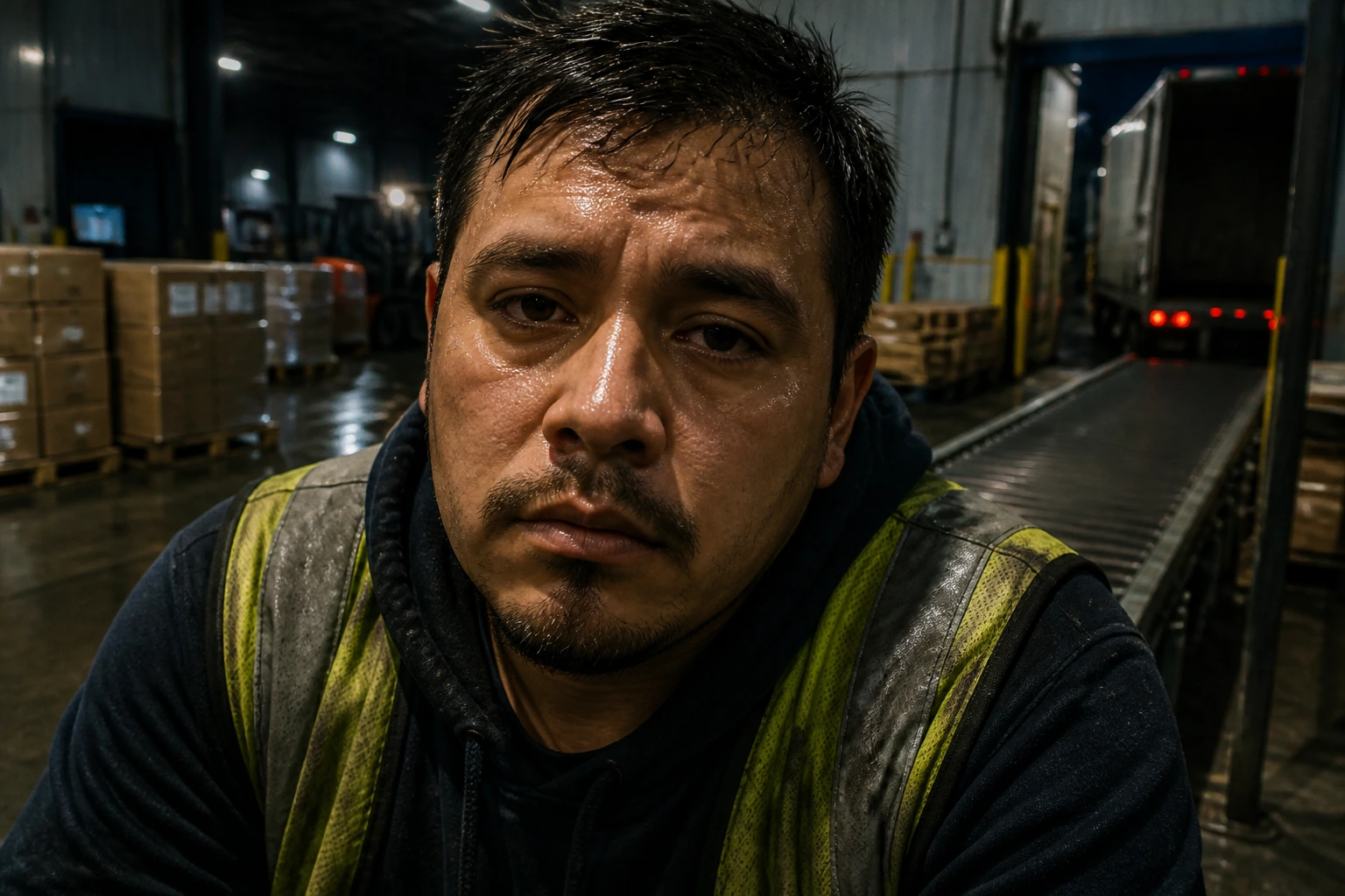 Tired warehouse worker after shift in a dimly lit dock