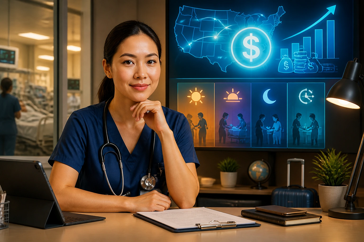 ICU nurse considering compensation and relocation in a hospital office