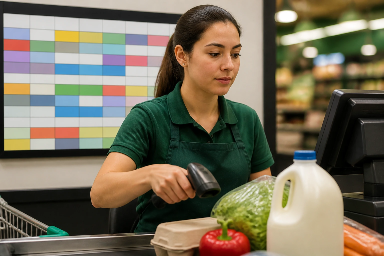 Cashier at checkout with abstract schedule chart behind, no numbers.