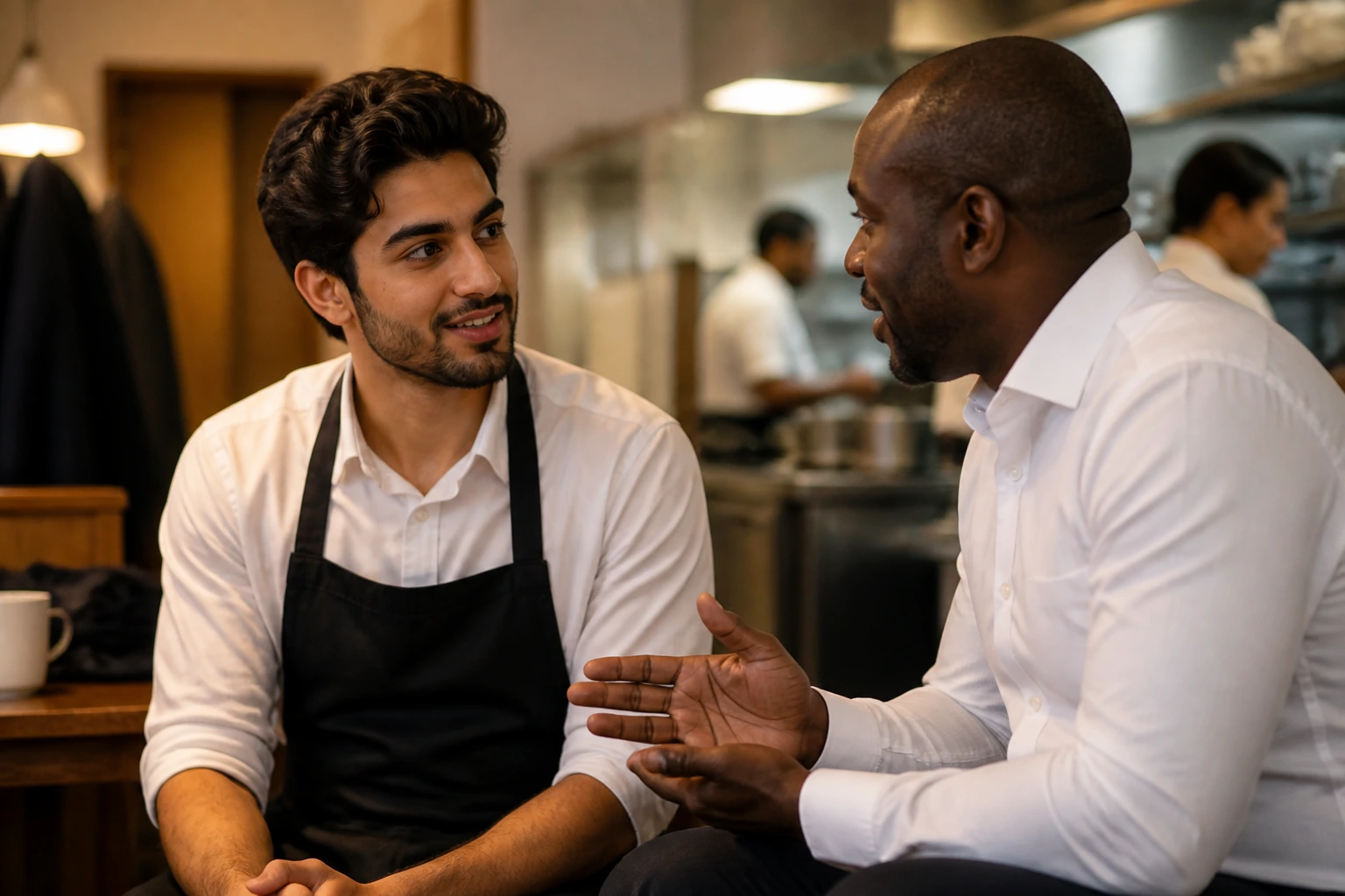 Waiter discussing shifts in a staff room with a supervisor.