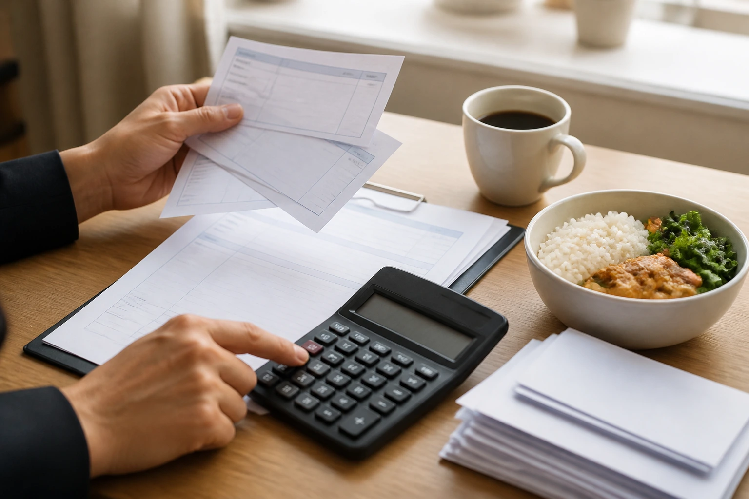 Hands on calculator with blank pay sheets on a hotel desk