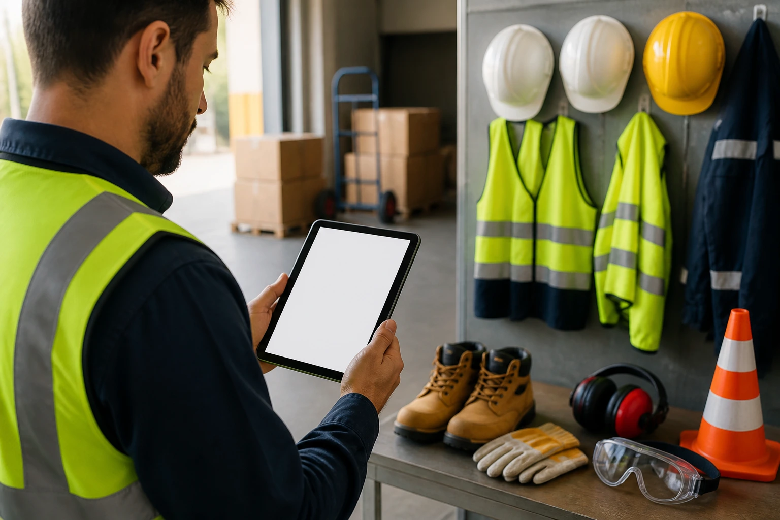 Worker in hi-vis gear checking a tablet in a warehouse, illustrating pay, superannuation, and safety concepts