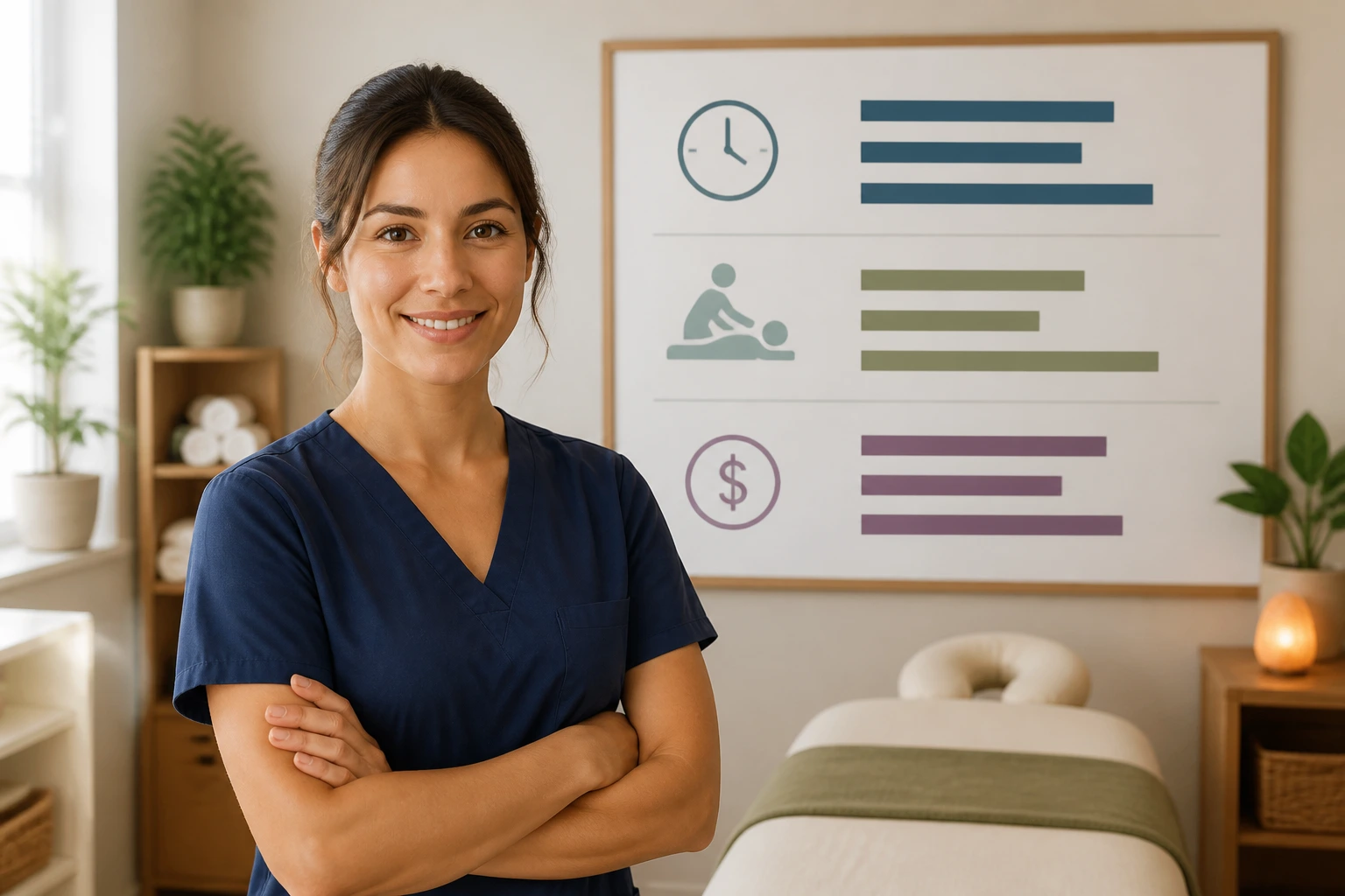 Massage therapist in a clinic with a non-numeric pay-structure board behind