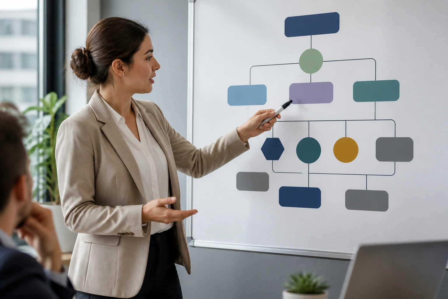 Professional evaluating pay-structure visuals in an office