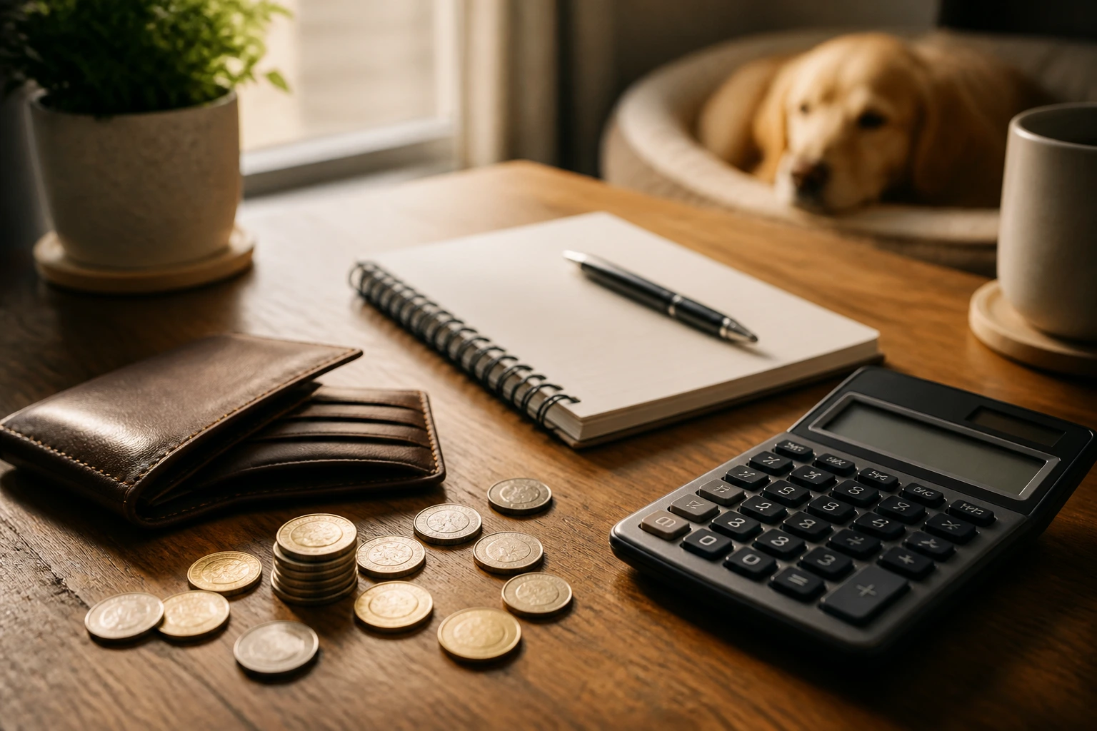 Close-up of wallet, coins and calculator on desk illustrating pay structures and cost of living in dog care work