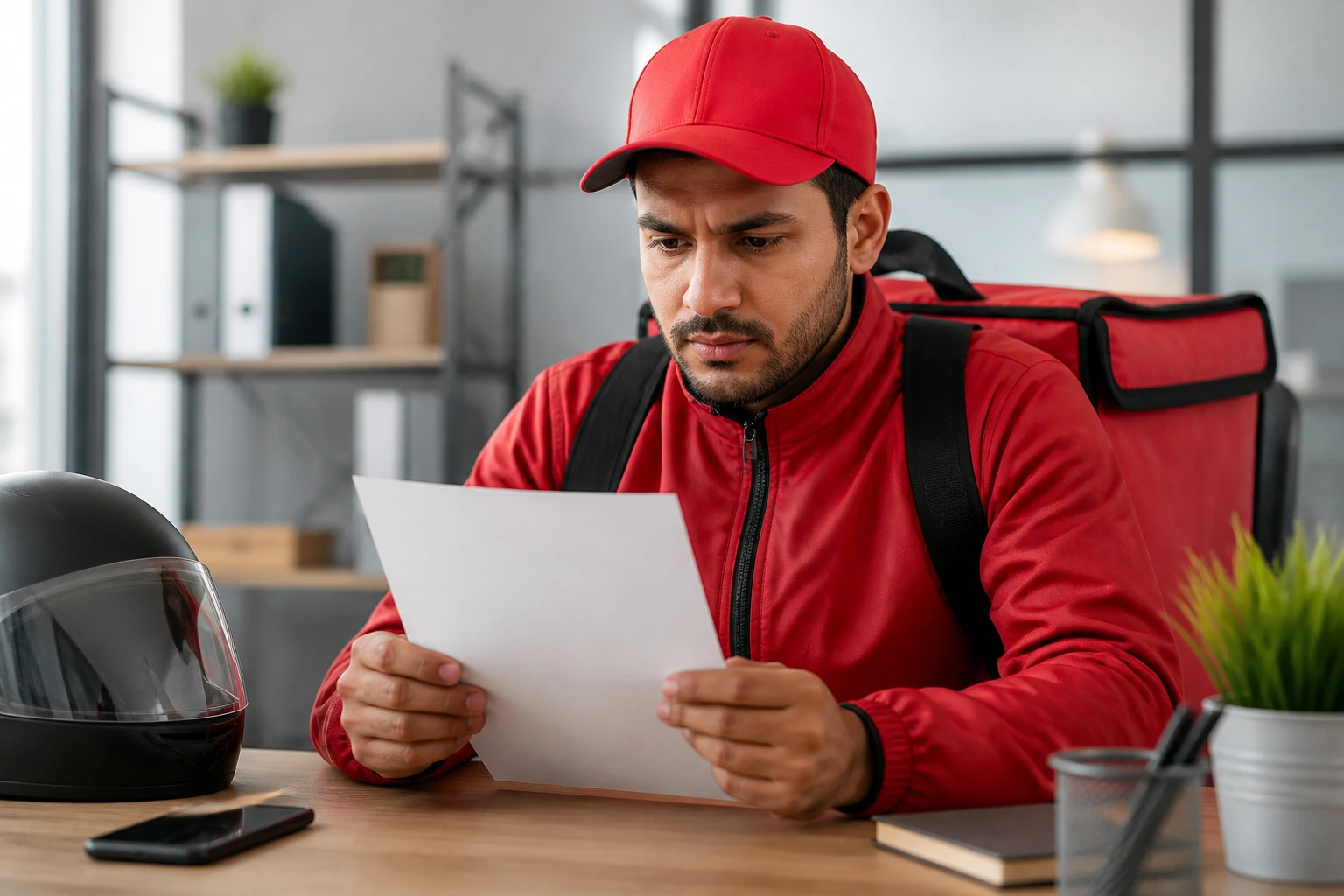 Delivery worker examining a blank pay document in a quiet office
