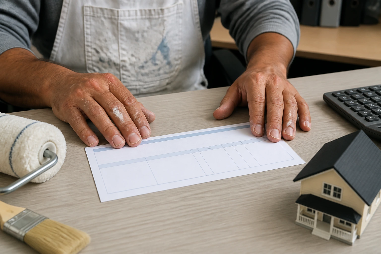 Hands over a blank pay slip on a desk in an office