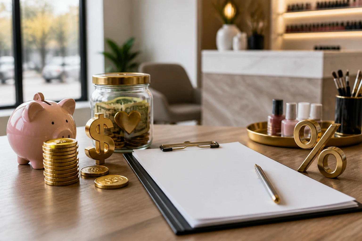 Close-up of money icons and a text-free contract concept on a desk, suggesting pay, tips, and compensation