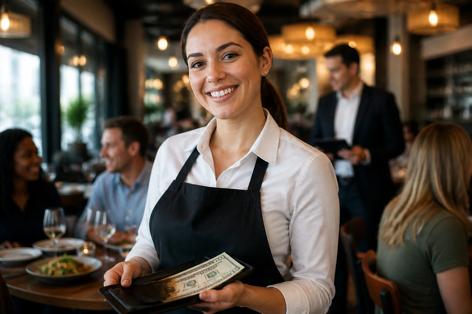 Smiling server in dining room with manager in background